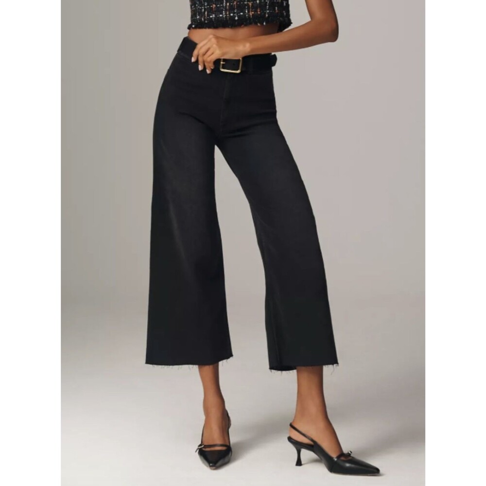 Maeve Anthropologie Ettie High-Rise Crop Wide-Leg Jeans Black 30 Raw Hem